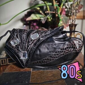 Vintage 80s Purse Black Leather Handbag Faux Croc Rhinestone Glam Slouchy Bag